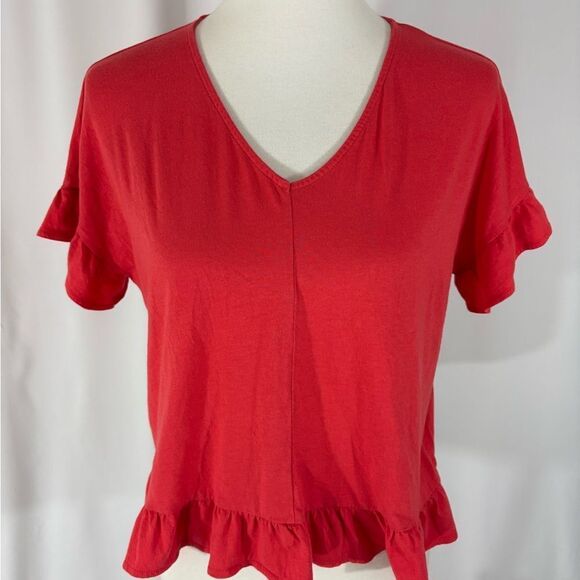 LOFT Pink Ruffle Bottom Edge Short Sleeve Top - Picture 1 of 6